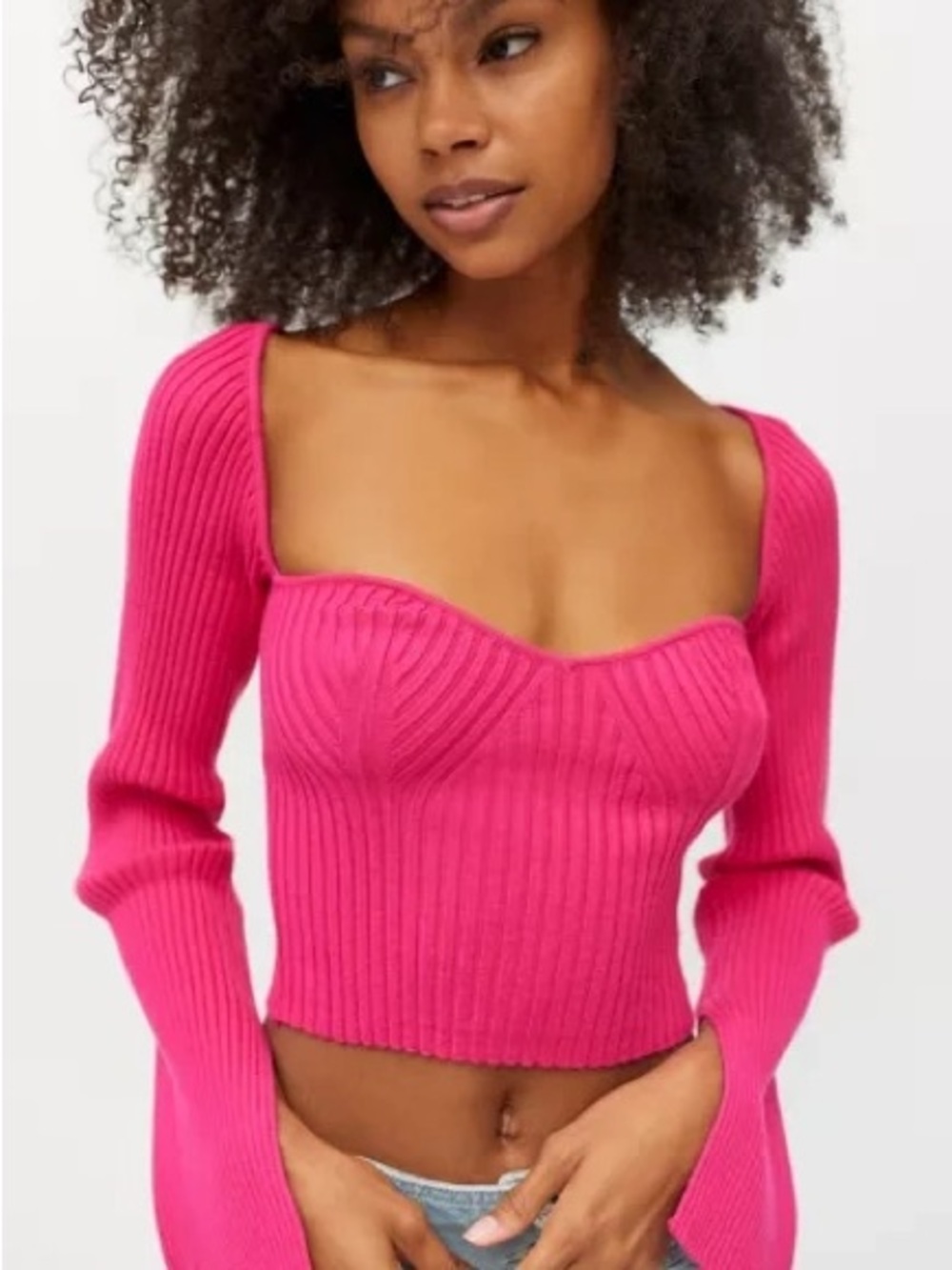 Urban Outfitters UO Juliet Portrait Neckline Sweater - Hot Pink Ribbed Knit Top